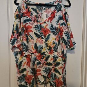 BloomChic Tropical Floral Cold-Shoulder Blouse - White, Red, Green, Yellow